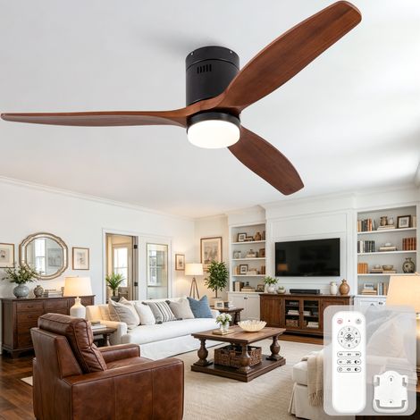 Ventilateur de plafond 132 cm, avec lumière LED, télécommande, silencieux, 6 vitesses, réversible, noir et noyer