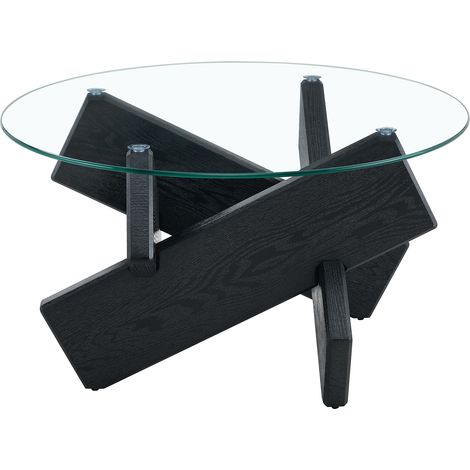 Table basse ronde en MDF et verre trempé 79 cm avec pieds en bois noir (1/5)