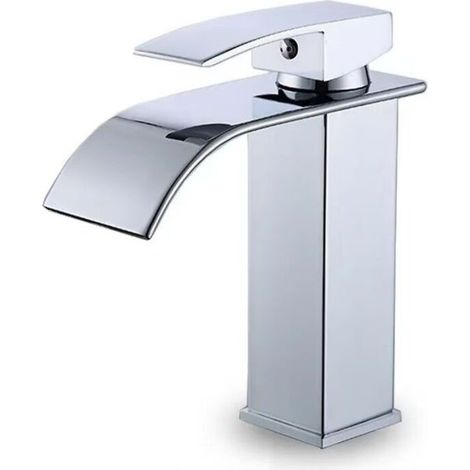 Robinet de salle de bain cascade moderne , robinet de lavabo au design élégant , robinet mitigeur en laiton pour eau chaude et froide , robinet chromé (1/4)