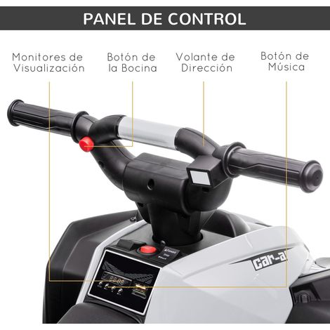 Moto électrique à quatre roues adaptée aux enfants de 3 à 5 ans, alimentée par une batterie 12V, double moteur, dimensions 83x53x55,5 cm, coloris noir et blanc. (1/5)