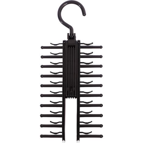 Porte cravates et porte ceintures pliable en plastique dimensions 29 x 13 cm avec crochet pivotant à 360 degrés et 20 positions de rangement pour organisation de garde robe couleur noire (1/5)