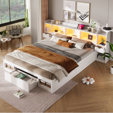 Plattformbett 180x200 cm Weiß aus MDF und Sperrholz mit Stauraum, LED-Licht und Schubladen (1/5)