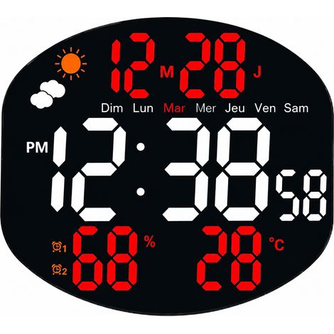 Horloge murale numérique LED rouge avec télécommande réveil température et humidité rouge réf 1068 26 × 2,9 × 23 cm 560 g – Livraison gratuite