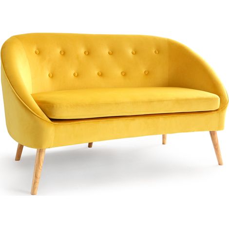 Idmarket – Canapé banquette en velours jaune 2 places – Dossier capitonné – Structure en bois – Dimensions 135x67x78cm – Assise confortable (1/5)