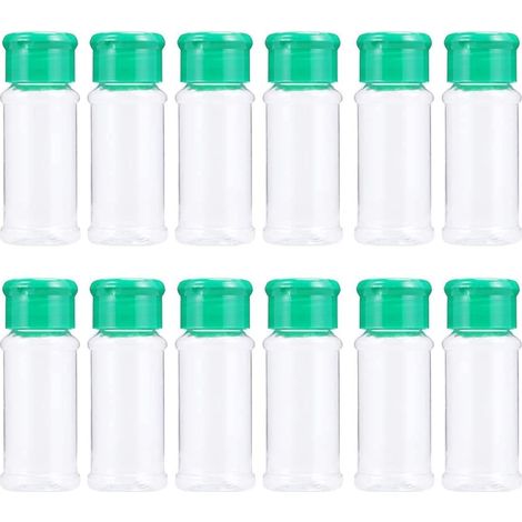 12 barattoli di plastica vuoti con coperchio, adatti a contenere spezie, sale, pepe, polveri, erbe aromatiche e preparati in polvere (100 ml ciascuno). (1/5)
