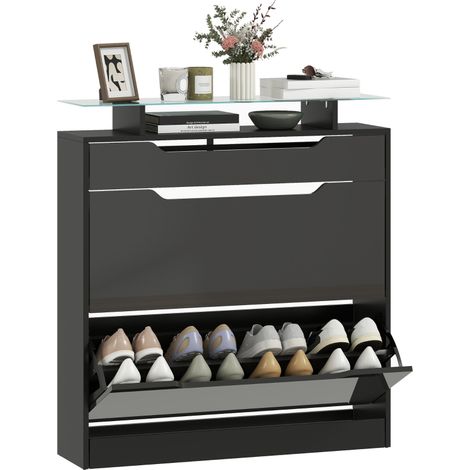 Armoire à Chaussures, 2 Tiroirs Rabattables, 1 Tiroir Coulissant, 1 Comptoir, 89x23x96cm, Noir (1/5)