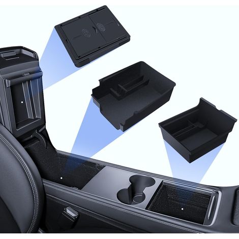 3 Pcs Accessoires pour Tesla Model Y 2021-2024 et Model 3 2021-2023, Organisateur de Console Centrale, Boîte de Rangement pour Accoudoir et Boîte de Rangement Cachée