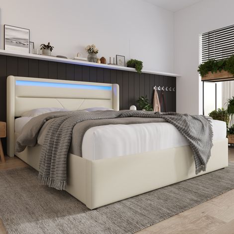 Lit Coffre Hydraulique 140x200 cm Lit 2 Places Rembourré avec Rangement, LED Tête de Lit, Sommier Relevable - Similicuir PU - Blanc