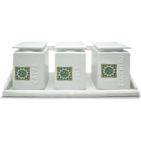 Set Tris Barattoli da Cucina in Ceramica con Mensola Sale Zucchero Caffe' (1/3)