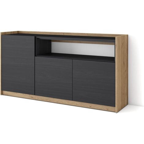 Skraut Home - Buffet salon et cuisine, Commode, 156x37x80cm, 3 Portes, Meuble chaussure, Noir et chêne (1/5)