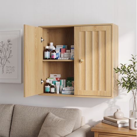 Armadio da bagno sospeso 61,5x20x56 cm in MDF rovere, 2 ante salvaspazio – MEUBLIV (1/5)
