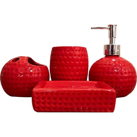 Ensemble 4 Pièces Accessoires Salle De Bain, Céramique Rouge, Porte-Brosse À Dents, Gobelet, Distributeur Lotion, Porte-Savon, Décoration Noël (1/5)