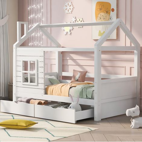 Letto a casetta bambini 90x200 cm con sponde di sicurezza, 2 cassetti, finestra e rete a doghe, in legno massello bianco, materasso non incluso (1/5)