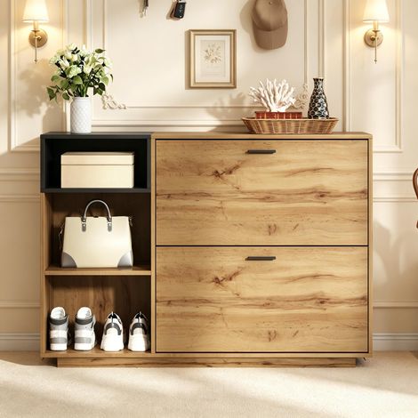 Meuble à chaussures, 120x32x84.5 cm, Rangement chaussure entrée gain de place, MDF avec 3 niches ouvertes et 2 portes abattantes, Naturel et Noir (1/5)
