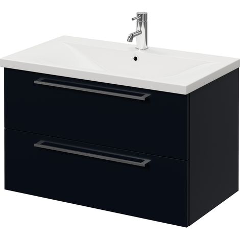 Napoli 460 Deep Blue 800mm Wall Mounted 2 Drawer Vanity Unit with Glide Basin - 800mm - Chrome 480mm Handle