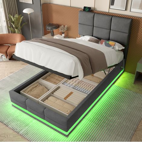 Cama tapizada de terciopelo gris oscuro 90x200 cm con LED regulable, cabecero ajustable y espacio de almacenamiento (1/5)