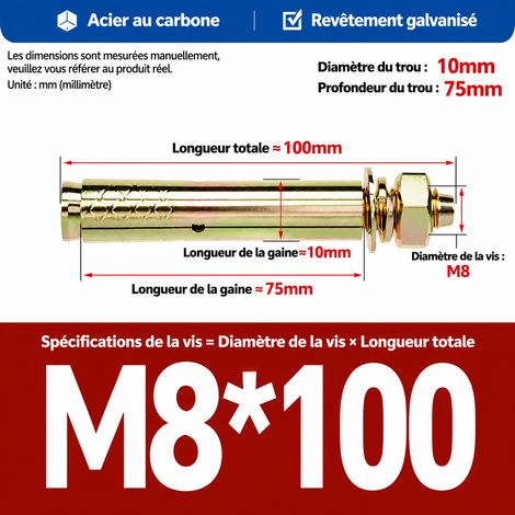Goujon d'ancrage cheville métallique M8 x 100 mm lot de 20 pièces m8 100 20 pièces 1 kg – Livraison gratuite