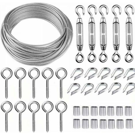 Kit de câble métallique en acier inoxydable de 5 m/2 mm avec tendeur de fil robuste M5, kit de rouleau de fil de clôture, kit de garde-corps de câble, tendeurs de fil de jardin pour plantes grimpante (1/5)