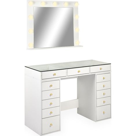 Coiffeuse moderne 13 tiroirs avec miroir lumineux et plateau en verre L120cm Probeauty Blanc