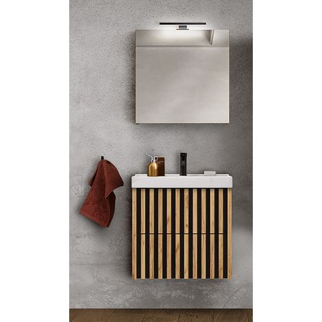 Modernes Badmöbel Set mit 60 cm Waschtisch LUCCA-107 in Eiche Nb. mit Lamellenfronten, B/H/T: ca. 61/200/46 cm (1/5)