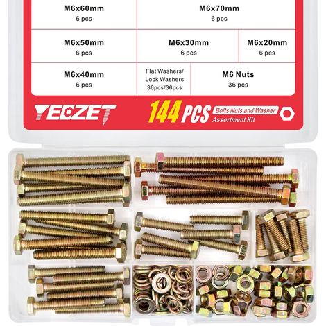 M6 Kit de Boulons et écrous 144pcs Hexagonale Alliage Acier Galvanisé Rondelles Plates et Verrouillables Assortiment 20mm 30mm 40mm 50mm 60mm 70mm (1/5)
