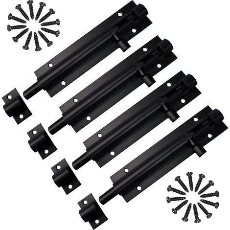 Loquet de Sécurité Verrou, 4 Pièces Boulon à Glissière, Loquet de Porte en Acier Inoxydable, Loquet de Portail Exterieur Avec 24 vis Pour PorteJardin, Porte en Bois Noir