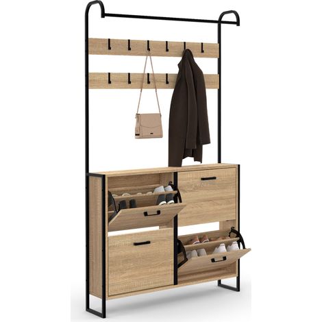Idmarket – Vestiaire d'entrée LUIS meuble chaussures 4 portes bois et métal – Dimensions 100x23,5x180 cm – Capacité 24 paires – Design industriel
