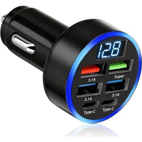 Allume Cigare USB Chargeur Voiture 50W, Prise Allume Cigare 12V-24V avec Écran LED, 2 Ports USB-C et 4 Ports USB-A, pour iPhone 16 15 14 13 12 11 Pro Max Mini Plus Samsung S38 Huawei iPad AirPods (1/5)