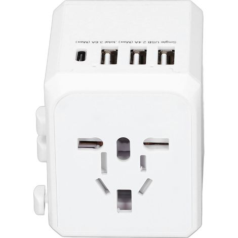 Adaptateur secteur de voyage avec 3 ports USB-A et 1 port USB-C, convertisseur de tension portable et silencieux pour sèche-cheveux, téléphone, appareil photo et montre (blanc). (1/5)