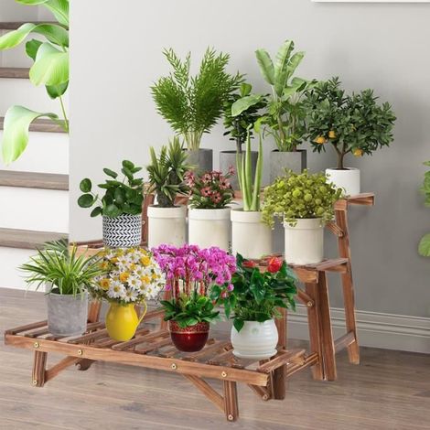 Lot de 3 Étagères Echelles Fleurs en Bois - Support de Pot de Plantes pour Jardin Terrasse Balcon (1/5)