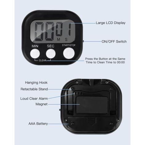 4-teiliges magnetisches Küchentimer-Set, Birshe Mini-Küchentimer mit großem LCD-Display und leistungsstarkem Alarm zum Kochen, Spielen, Backen und Trainieren – Schwarz (1/2)