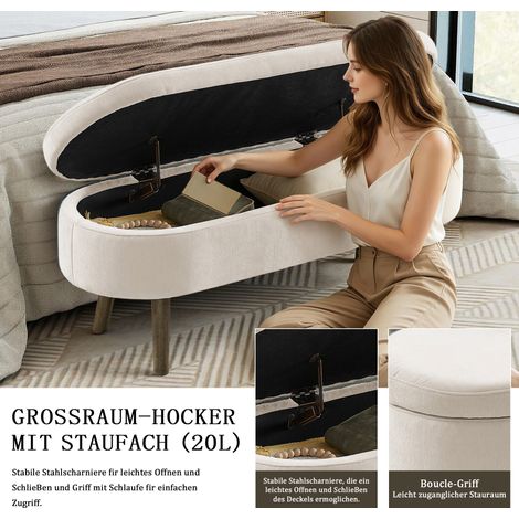 Banc coffre de rangement en velours chenille beige, piètement bois massif, assise capitonnée, 20 L de stockage, 110x40x42 cm, parfait en entrée, chambre ou séjour, repose-pieds et banquette à chaussur (1/5)