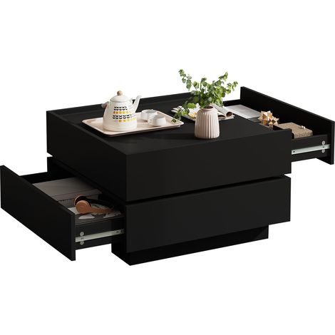 Table basse pivotante 360 avec 2 tiroirs, table de salon noire carrée 60x60 cm en panneaux de particules (1/5)