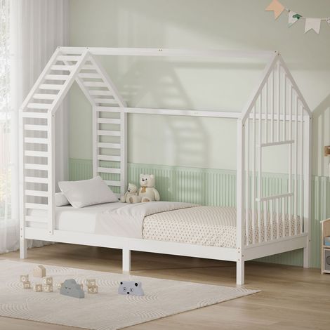 ML-Design Letto Montessori per bambini, a casetta, con rete a doghe 90x200 cm, lettino singolo con tetto e finestra per bambine, struttura in legno massiccio di pino, ideale per cameretta, bianco (1/5)