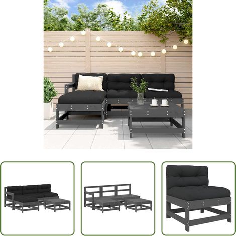 Holzsofa - 5-tlg. Garten-Lounge-Set mit Kissen Grau Massivholz (1/5)