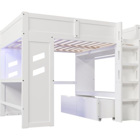 Letto a soppalco 140x200 cm bianco con scrivania, LED, USB-C e cassetti (1/5)