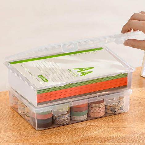 Lot de 2 boîtes de rangement en plastique A4 avec couvercle - Boîte à crayons portable avec couvercle - Boîte d'archivage portable avec fermeture hermétique - Empilable pour papier, papeterie, (1/5)