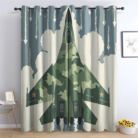 Rideau Occultant Avion - Décoration Avion, Rideau Thermique Motif Garçon Avion de Chasse Camouflage, Lot de 2 Rideaux Opaque à Oeillets pour Fenetre Chambre Salon, 140x160 cm (LxH) - 2x L 140 X H 160 (1/5)