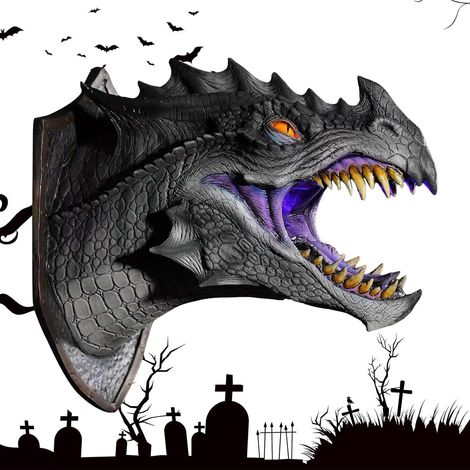 Tête de dragon murale Sculpture de tête de dragon 3D à LED – Œil lumineux à DEL – Support mural pour art fantastique, décoration de chambre pour la maison et le bureau (1/5)