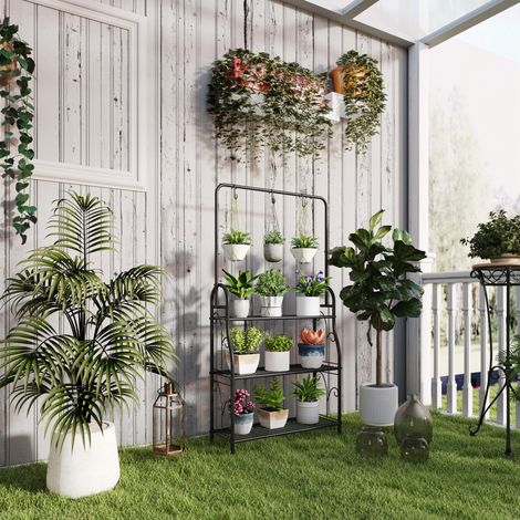 Étagère à plantes 3 niveaux avec barre de suspension et 3 crochets, 137 cm, métal noir HAVRYA (1/5)