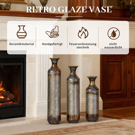 Vase en métal artisanal lot de 3, finition vintage cuite à la main, grande vase décorative pour salon et entrée, métal massif, non étanche (1/5)