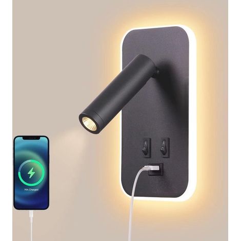 Lámpara de lectura LED moderna con estación de carga USB y foco ajustable para dormitorio.
