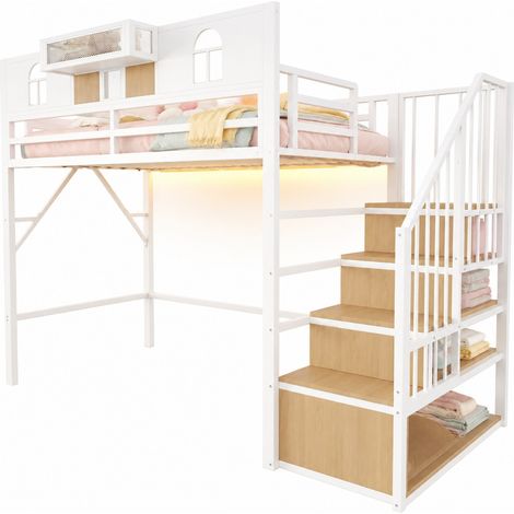 Lit mezzanine 90 x 200 cm en métal blanc, avec échelle de rangement, étagère intégrée, hublots décoratifs et bande lumineuse, idéal petit espace - CHICFURN (1/5)