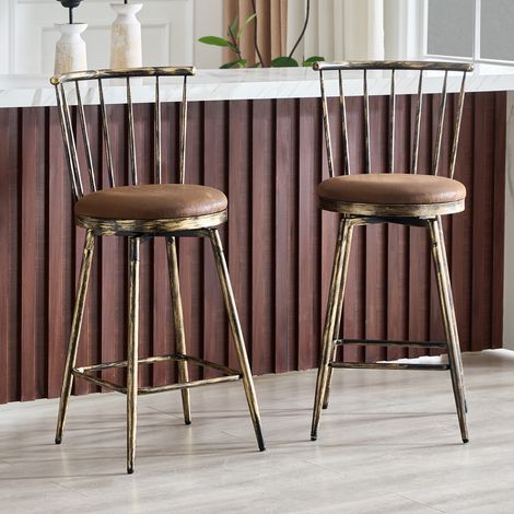 Tabouret de bar 96 cm en métal et tissu brun, design moderne pour cuisine, lot de 2 FloraGrace (1/5)