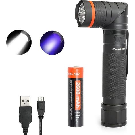 Rechargeable USB Flashlight Waterproof Powerful LED Flashlight 2 in 1 UV Flashlight, 90 Rotating, 3 Adjustable Lighting Modes for Car Repair, Work, Emergency (1/5)