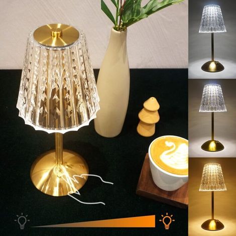Lampe de table sans fil, lampe à piles rechargeable, 3 modes de coul et lampe tactile LED à intensité variable en continu, lampes de côté portables en métal doré pour chambre à coucher, salo