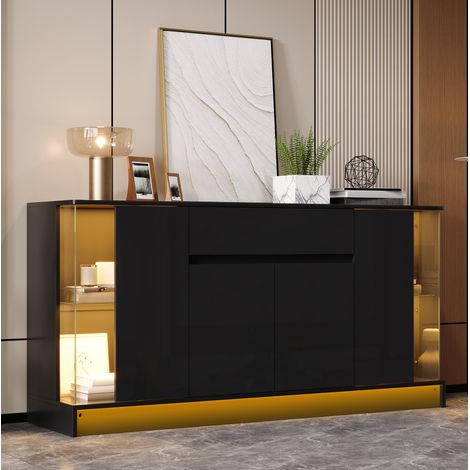 MODFU – Credenza 150x40x75 cm in truciolato con 2 vetrine in vetro e LED tramite app, cassetto e carico 60 kg – Nero lucido (1/5)