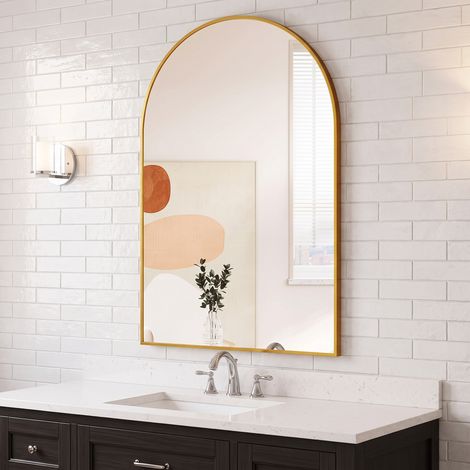 Wandspiegel bogen 91 x 61 cm - goldener aluminiumrahmen - moderner bogenspiegel für badezimmer schminktisch und flur - sicherheitsglas