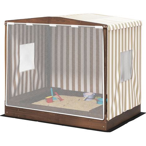 Sandkasten, Sandkiste mit Vordach und Netztür, Sitzbänke, Bodenschutz, Braun