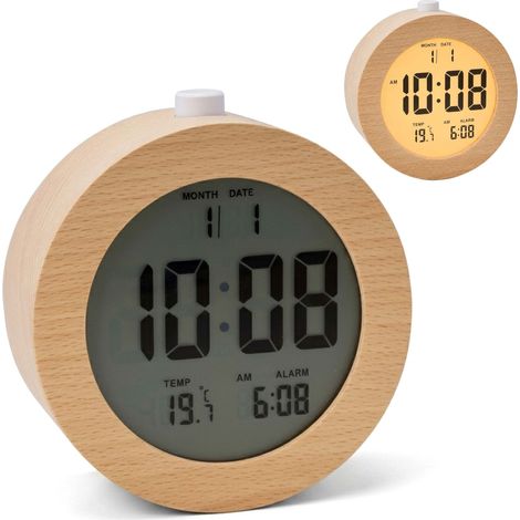 Relaxdays Wecker digital, Holz, mit Datums- & Temperaturanzeige, Snooze-Funktion, Licht, runder Digitalwecker, natur (1/5)